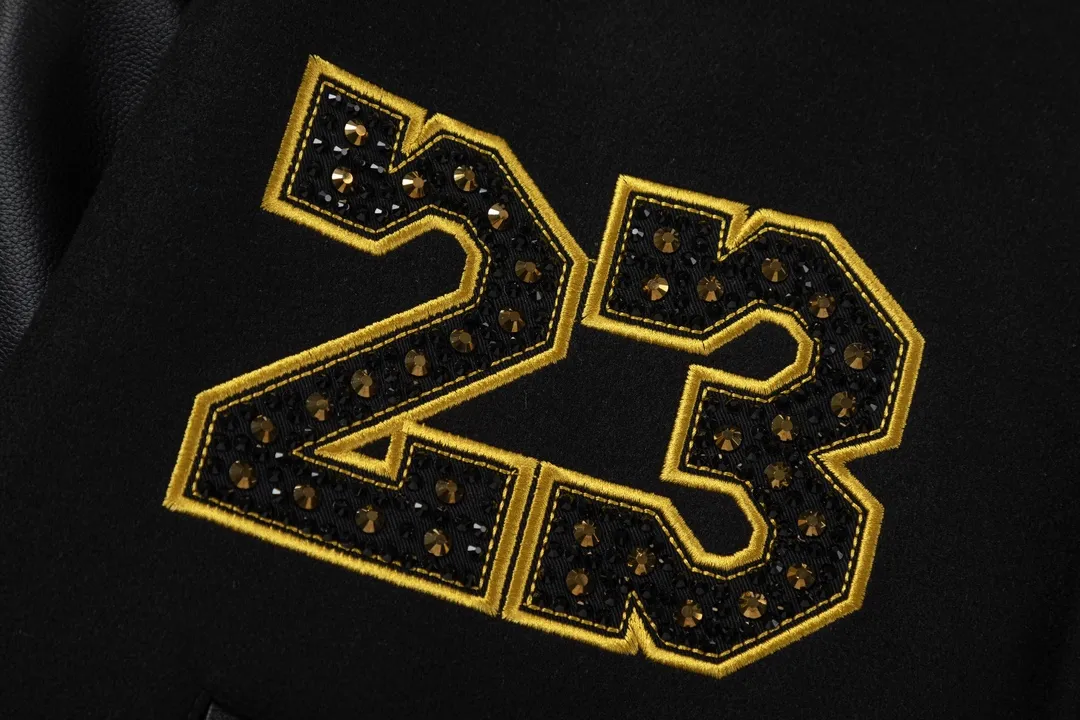 S29#P676, off white 2024 autumn and winter new style heavy industry embroidery hot diamond stitched leather baseball jacket couple style color black size: S M L XL